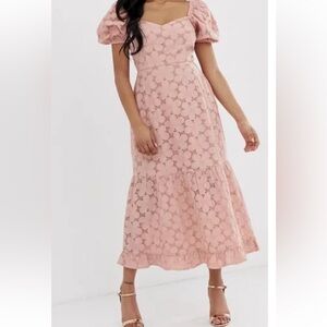 ASOS Pink Maxi broderie sweetheart neckline Dress Eyelet Puff Sleeves